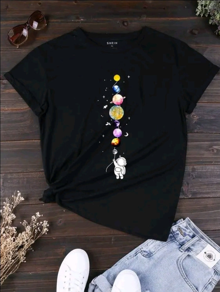 Camiseta De Cuello Redondo Con Estampado De astronauta planetas Camiseta De Manga Corta Casual Para Primavera Y Verano, Ropa De Mujet