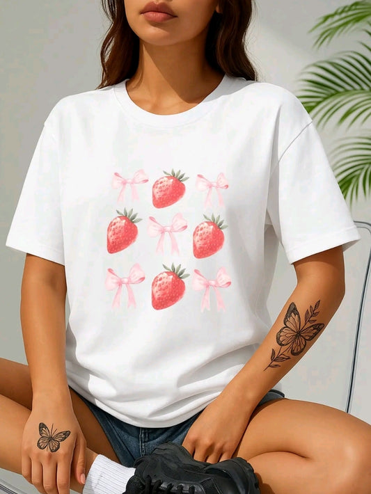 Camiseta casual negra para mujer con Fresas moños- Punto suave, cuello redondo, manga corta para primavera y verano, lavable en máquina, ropa informal