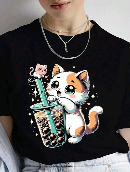 Camiseta De Cuello Redondo Con Estampado De gatito con bebida, Camiseta De Manga Corta Casual Para Primavera Y Verano, Ropa De Mujer