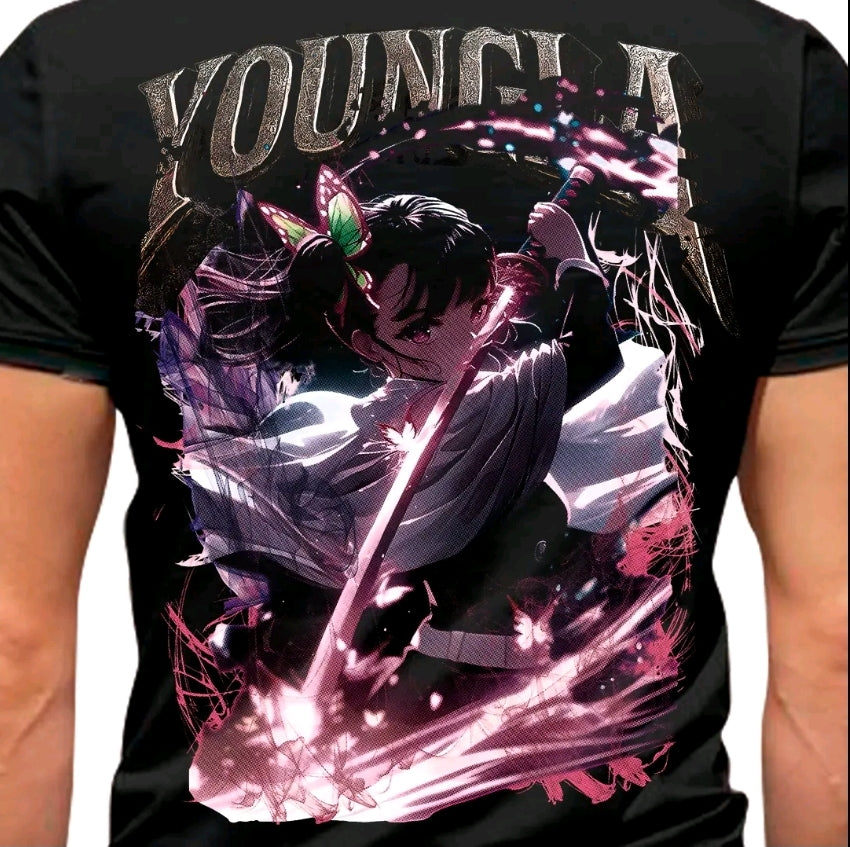Camiseta con estampado de YOUNGLA ANIMES CAZADOR DE DEMONIOS-camiseta negra-100% Algodón