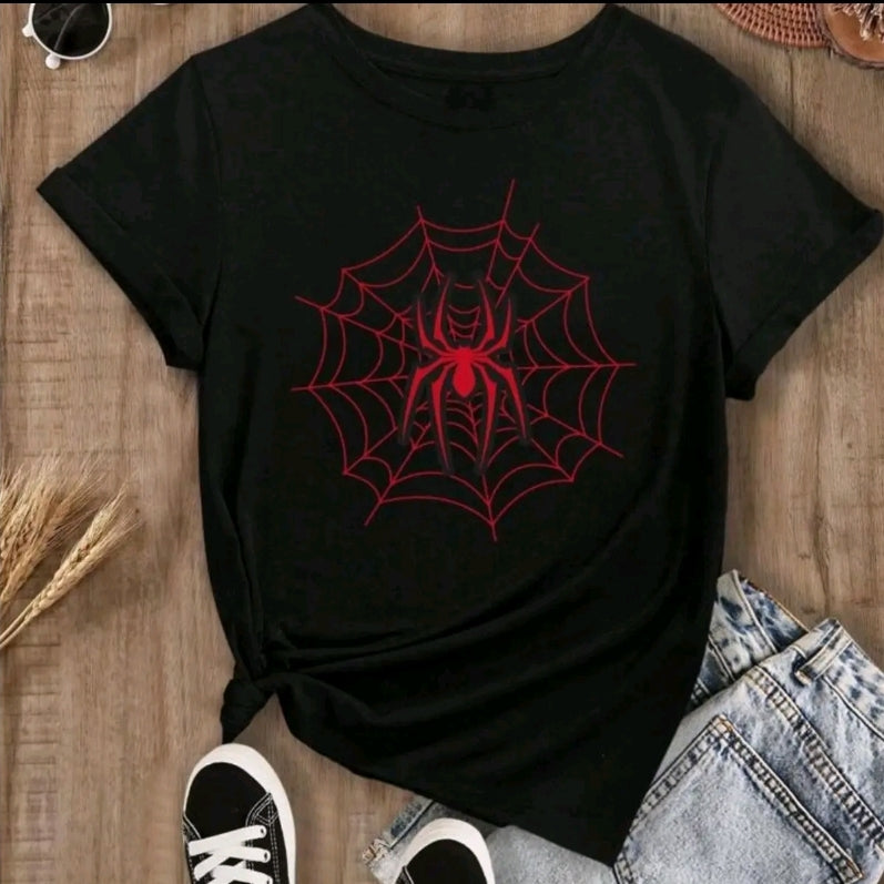 Camiseta Gráfica de araña roita para Mujer - Camiseta Casual de Poliéster Negra con Detalle de Cremallera, Mangas Cortas y Cuello Redondo, Lavable a Máquina, Ropa CasuallCamiseta Gráfica JuguetonalTop Lavable a Máquina
