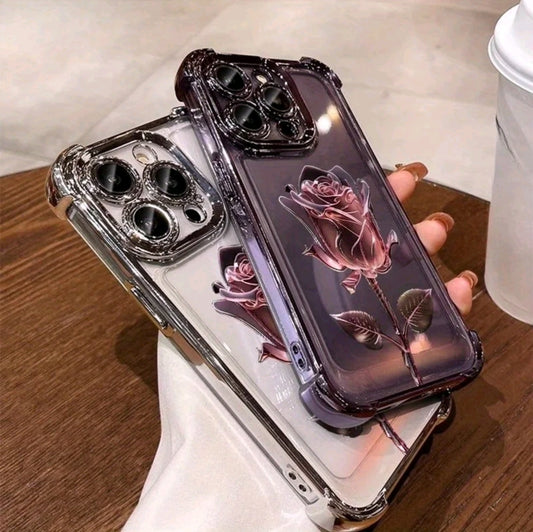 Funda protectora para teléfono móvil de TPU antideslizante y a prueba de cadas con patrón de galvanoplastia de rosa rosa, adecuada para iphone 16 15 14 13 12 11 XS X y otros modelos de la serie, puede ser regalada a niños o niñas como una funda de teléfo