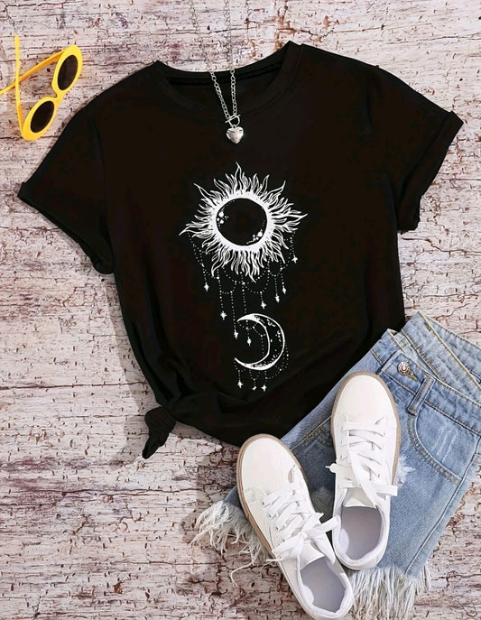 Camiseta De Cuell Redondo Con Estampado De Sol Y Luna, ### Car Camiseta De Manga Corta Casual Para Primavera Y Verano, Ropa De Mujer