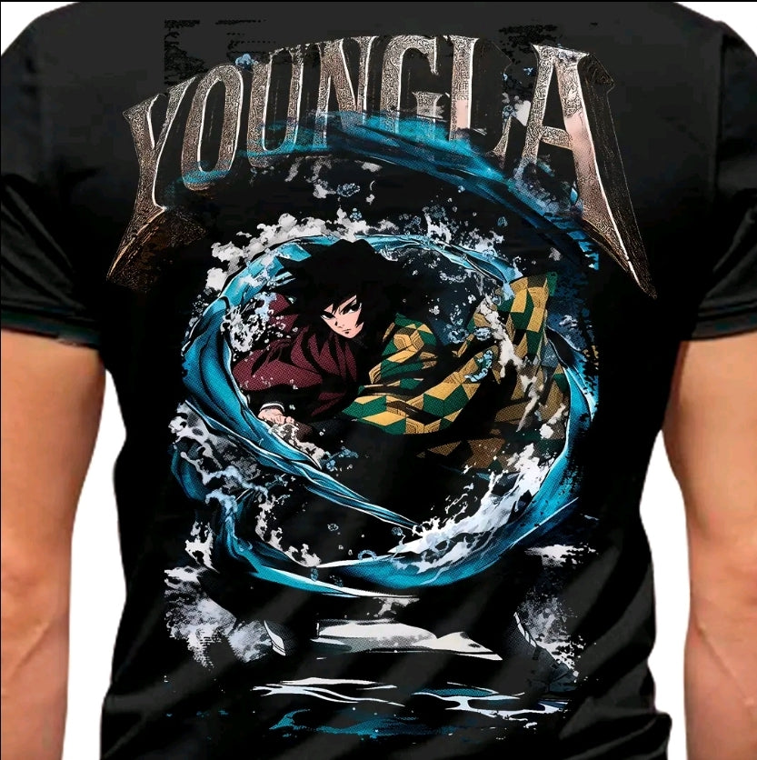 Camiseta con estampado de YOUNGLA ANIMES CAZADOR DE DEMONIOS-camiseta negra-100% Algodón