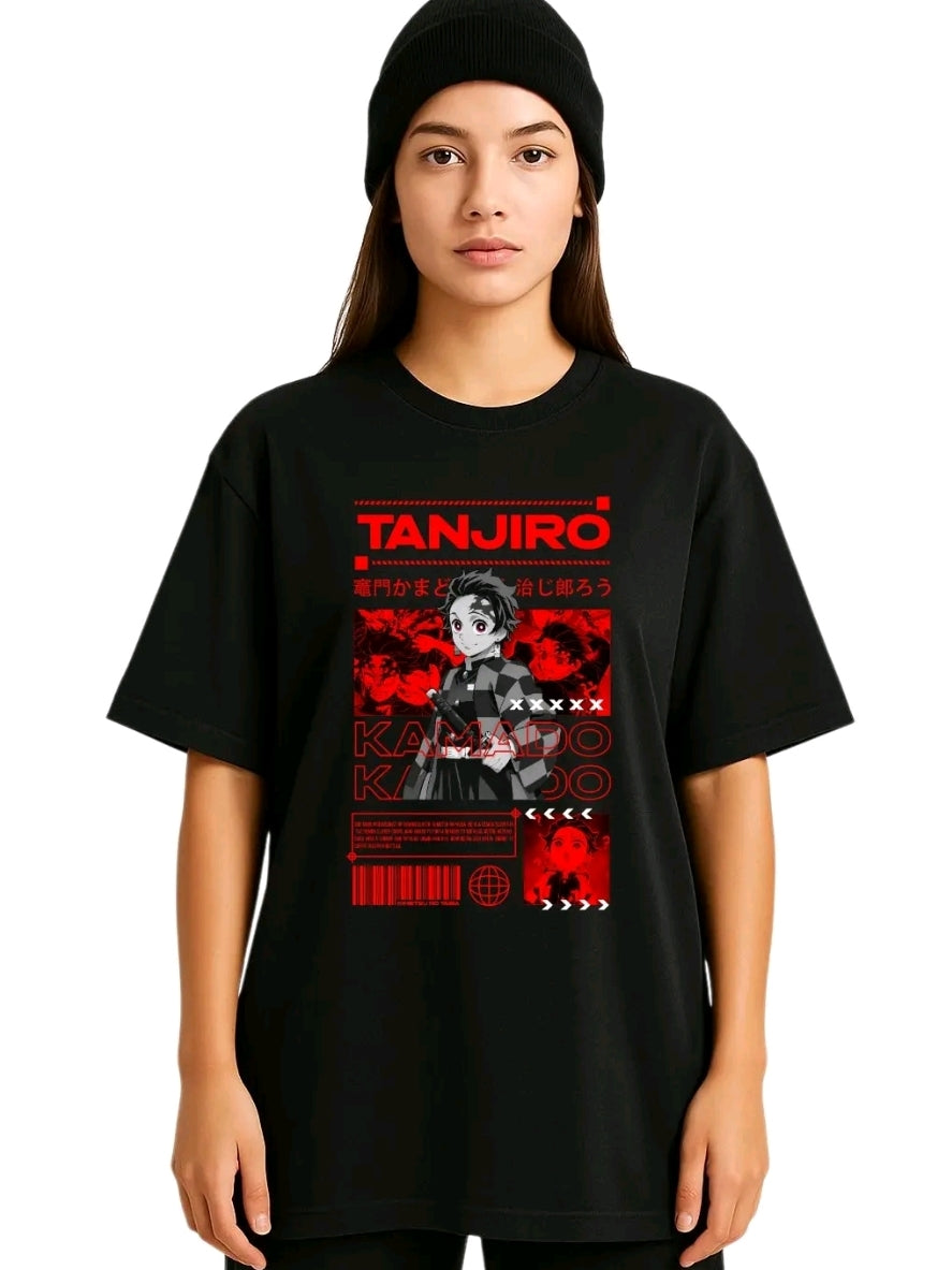 Playera Unisex Negra Tanjiro Kamado | Camiseta holgada Estampada de anime, Ropa Urbana Streetwear 100% Algodón, Manga Corta (Rabbit Man)