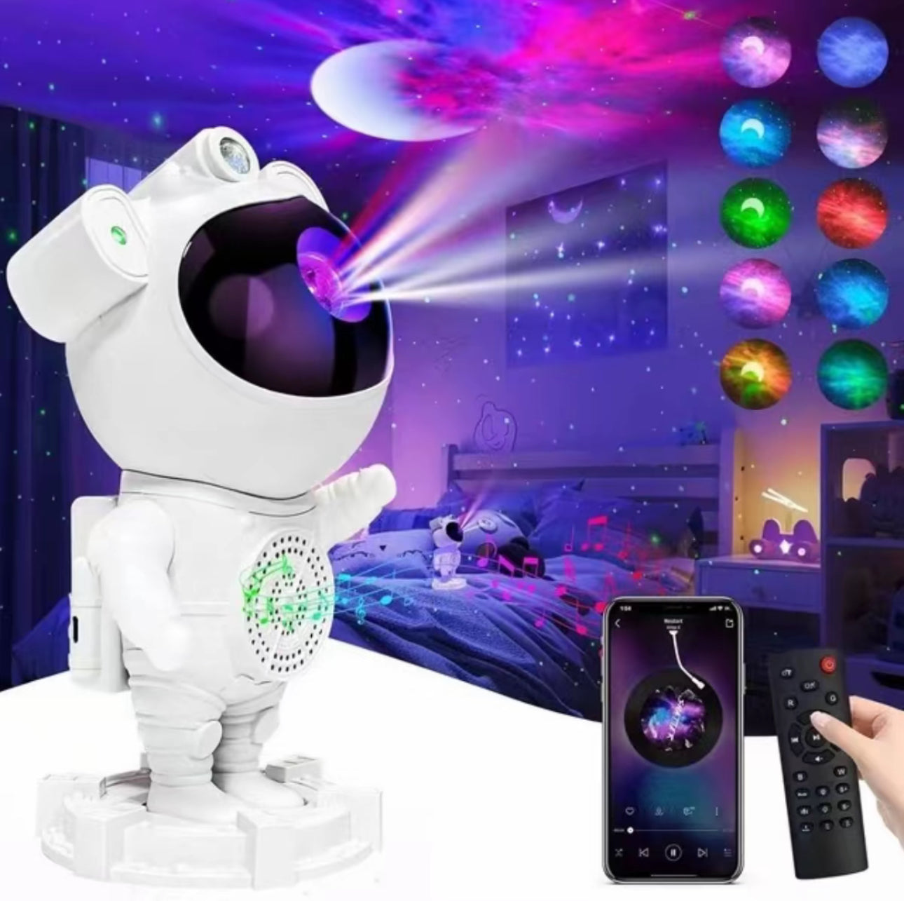 Astronauta Proyector de Estrellas, 360° Adjustable
Luces Astronauta Proyector lampara aurora boreal
Galaxia con Temporizador y Control Remoto y bocina bluetooth