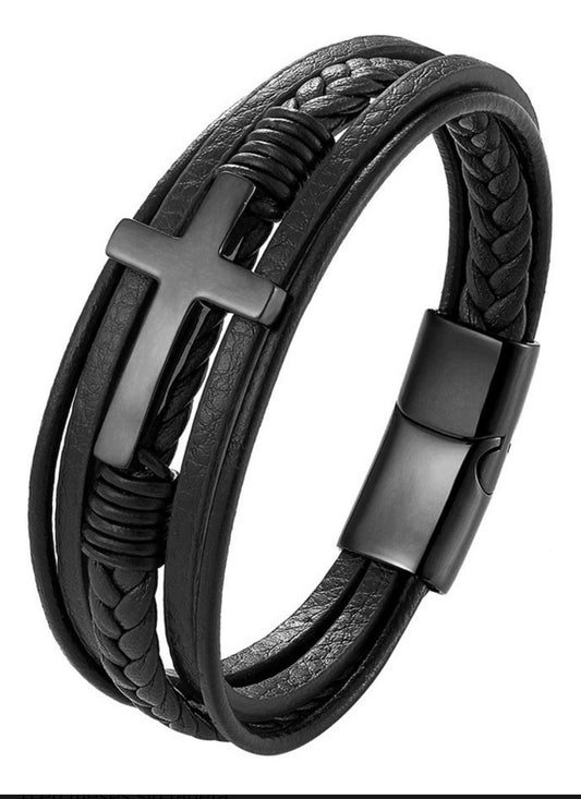 Pulsera Cuero De Cruz Acero Inox Con Magnética Para Hombre