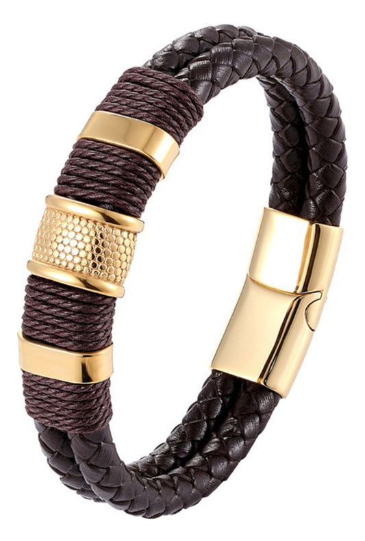 Pulsera Marrón Cuero Soga Trenzado Con Oro Hebilla Magnética