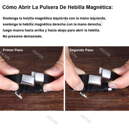 Pulsera Cuero De Cruz Acero Inox Con Magnética Para Hombre