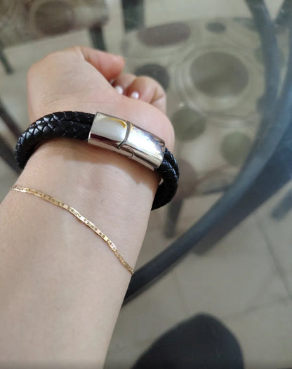 Pulsera Cuero Soga Trenzado Acero Inox Con Hebilla Magnética