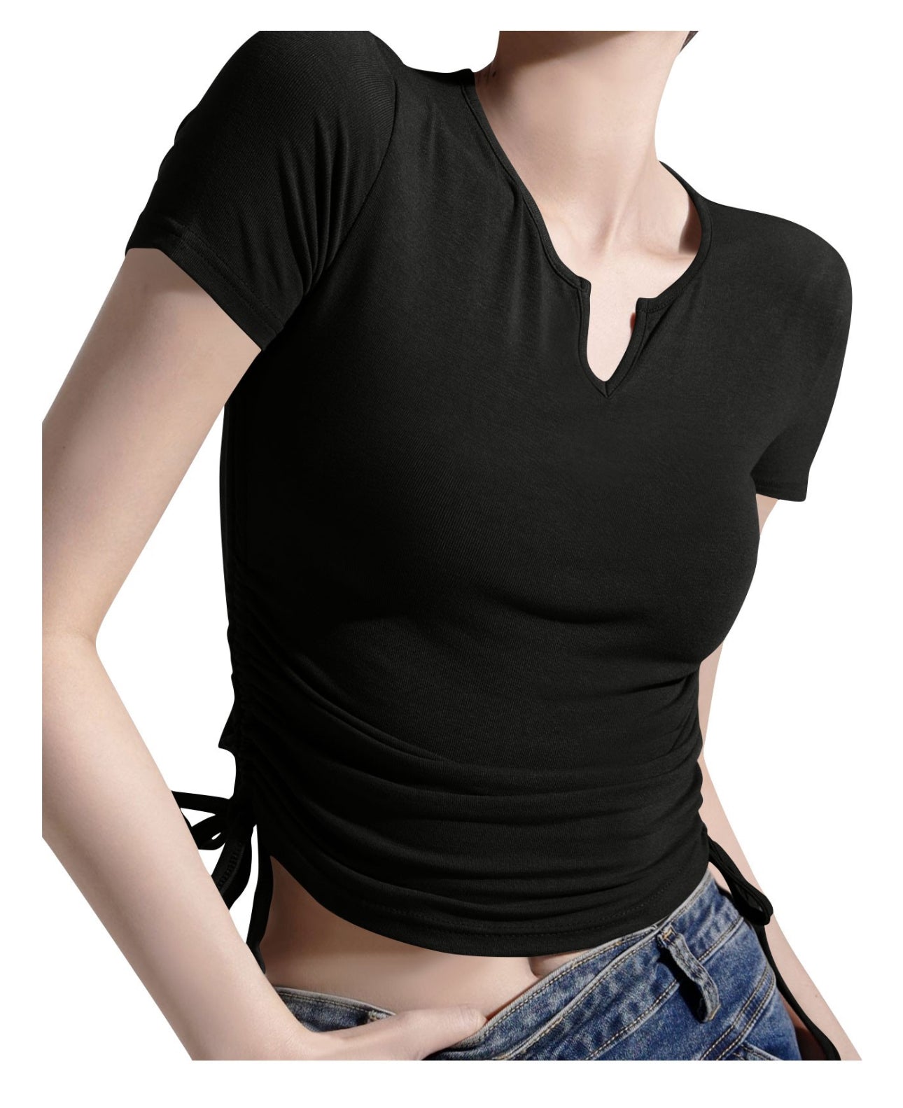 (🌎 PRODUCTO INTERNACIONAL)
 Nueva Camiseta Casual Con Cuello En V Plisada De Manga Corta