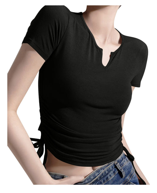 (🌎 PRODUCTO INTERNACIONAL)
 Nueva Camiseta Casual Con Cuello En V Plisada De Manga Corta