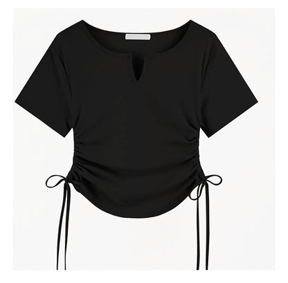 (🌎 PRODUCTO INTERNACIONAL)
 Nueva Camiseta Casual Con Cuello En V Plisada De Manga Corta