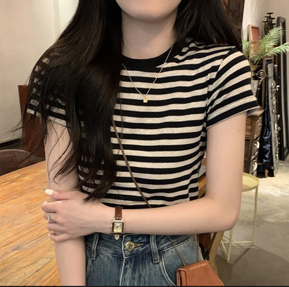(🌎 PRODUCTO INTERNACIONAL)
 Blusa Casual De Manga Corta Con Cuello Redondo A Rayas Para