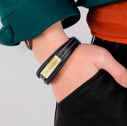 Soku Pulsera Personalizada Piel Acero Inoxidable Titanio Color Negro Diámetro 21 cm Largo 21 cm
