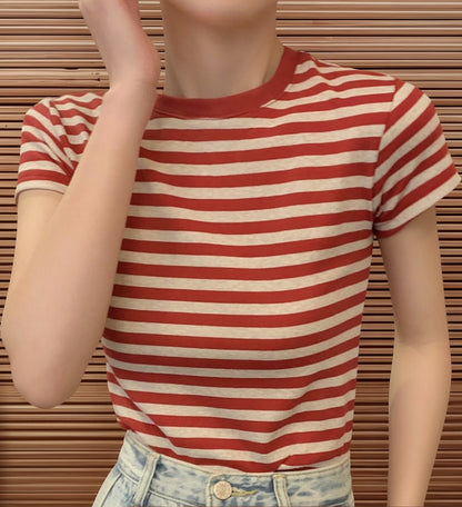 (🌎 PRODUCTO INTERNACIONAL)
 Blusa Casual De Manga Corta Con Cuello Redondo A Rayas Para