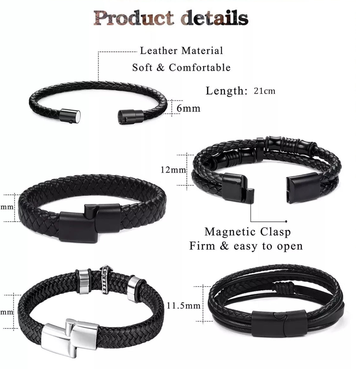 5 Piezas Pulsera Para Hombre De Cuero Con Hebilla Magnética