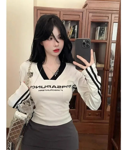 (🌍 INTERNACIONAL COMERCIO) Camiseta De Poliéster De Manga Larga Con Cuello En V Para Mujer