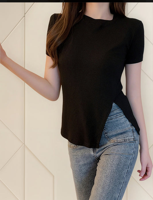 (🌎 PRODUCTO INTERNACIONAL) Una Nueva Camiseta Hugh Top Con Cuello Redondo Y Abertura La