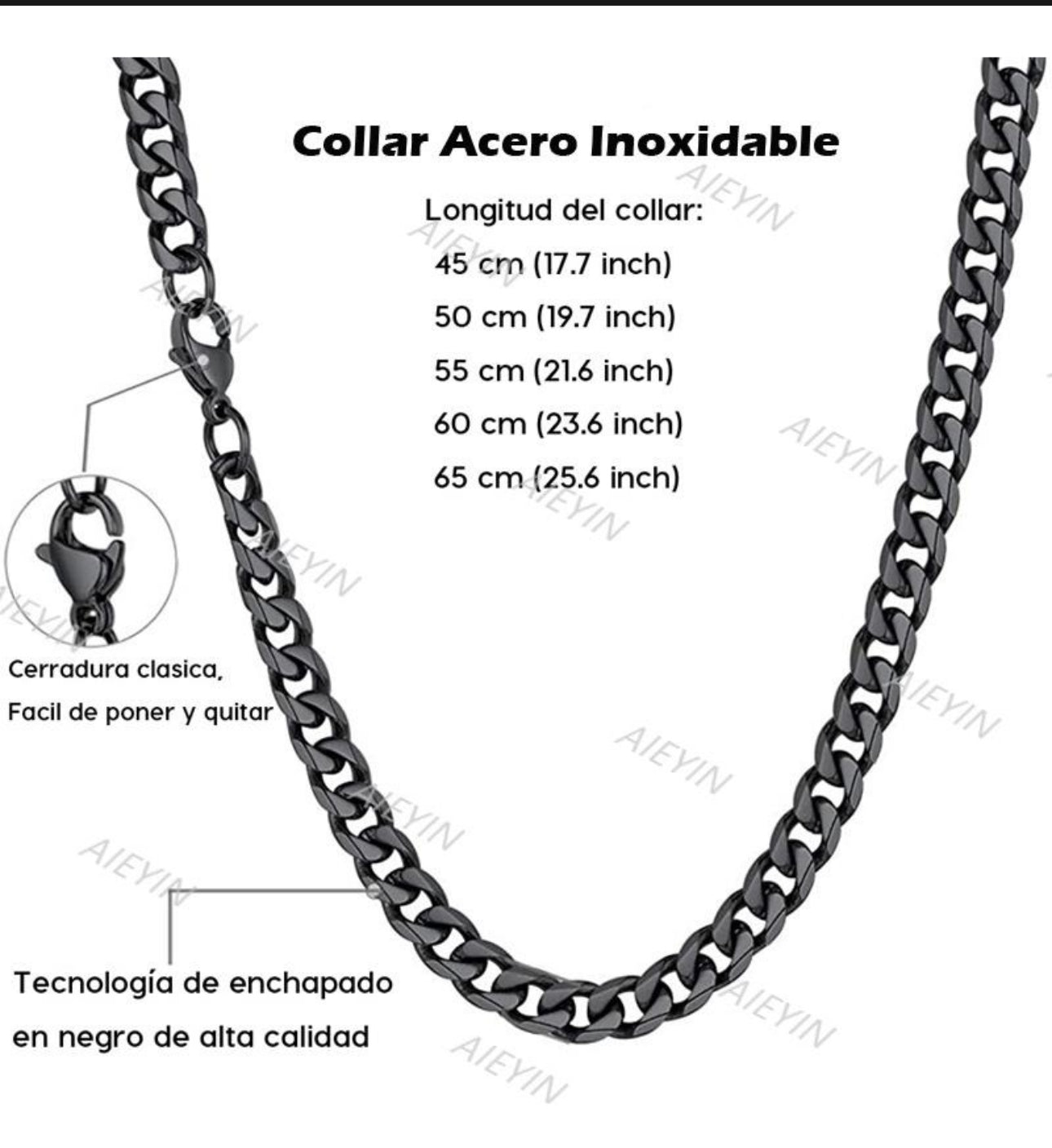 ÑCollar Cadena Estilo Cubano Unisex Acero Inoxidable Negro