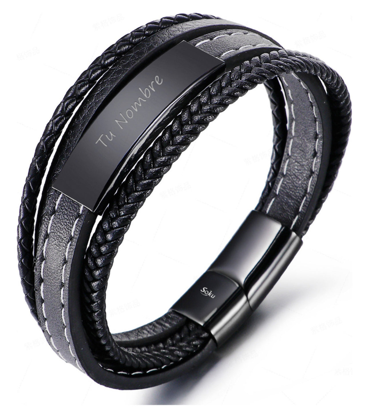 Soku Pulsera Personalizada Piel Acero Inoxidable Titanio Color Negro Diámetro 21 cm Largo 21 cm