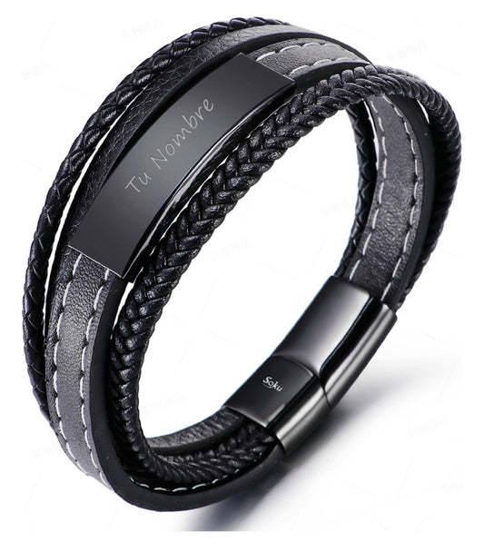 Soku Pulsera Personalizada Piel Acero Inoxidable Titanio Color Negro Diámetro 21 cm Largo 21 cm