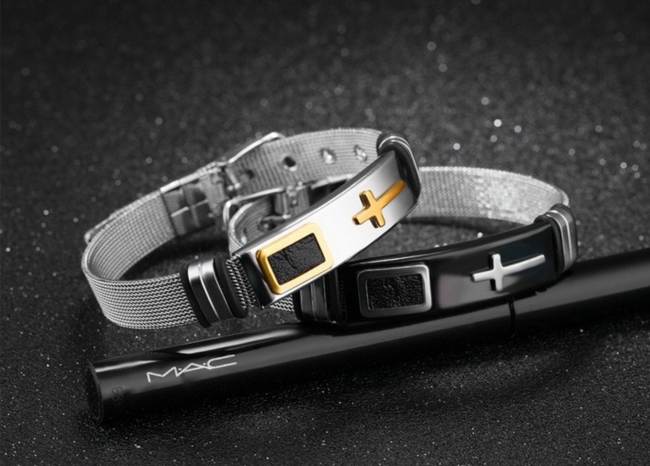 Pulsera Brazalete Acero Inoxidable Hombre Cruz Malla Inglesa