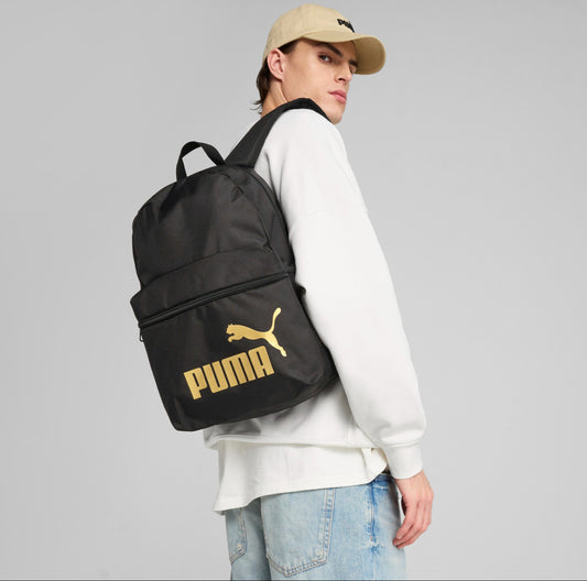 Mochila Puma Phase Backpack, Negro Y Dorado Diseño de la tela Lisa