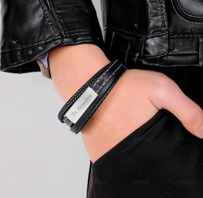 Soku Pulsera Personalizada Piel Acero Inoxidable Titanio Color Negro Diámetro 21 cm Largo 21 cm