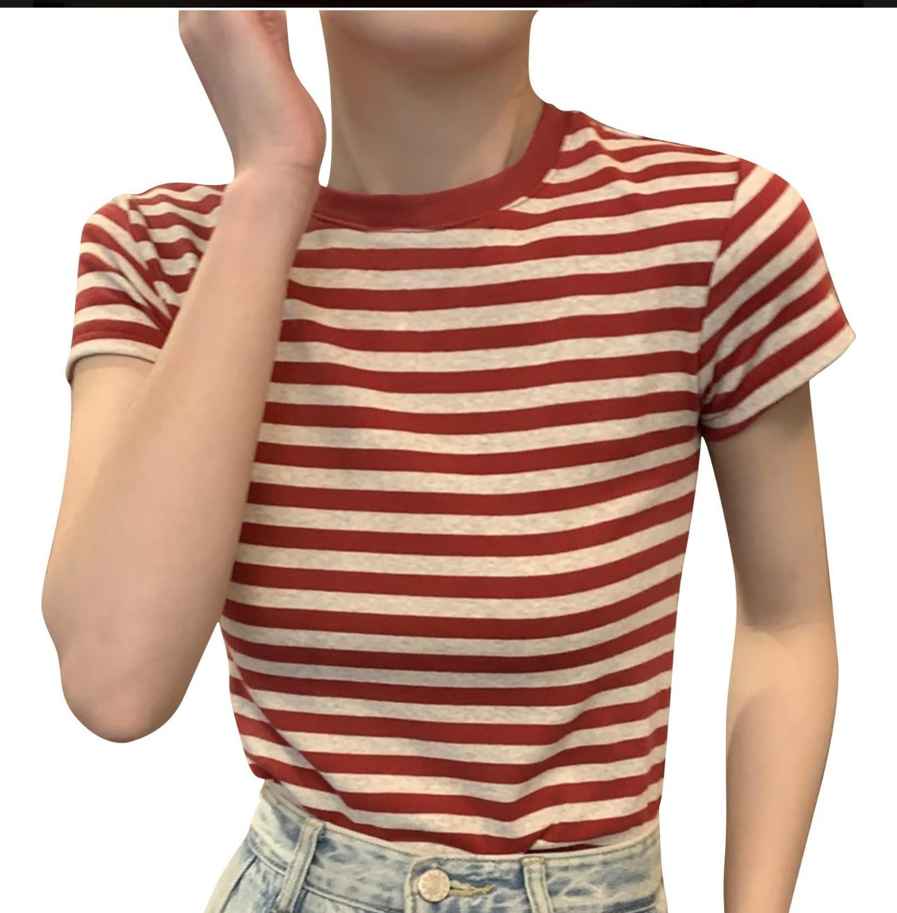 (🌎 PRODUCTO INTERNACIONAL)
 Blusa Casual De Manga Corta Con Cuello Redondo A Rayas Para