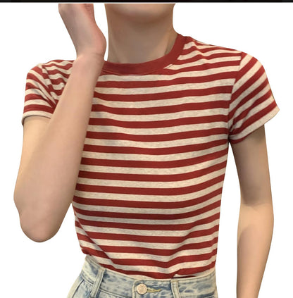 (🌎 PRODUCTO INTERNACIONAL)
 Blusa Casual De Manga Corta Con Cuello Redondo A Rayas Para