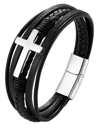 Pulsera Cuero De Cruz Acero Inox Con Magnética Para Hombre