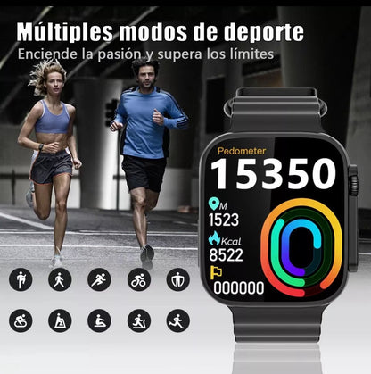T800 1.99 smartwatch con pantalla súper grande, seguimiento de salud, notificaciones en tiempo real, pasos del ergometro