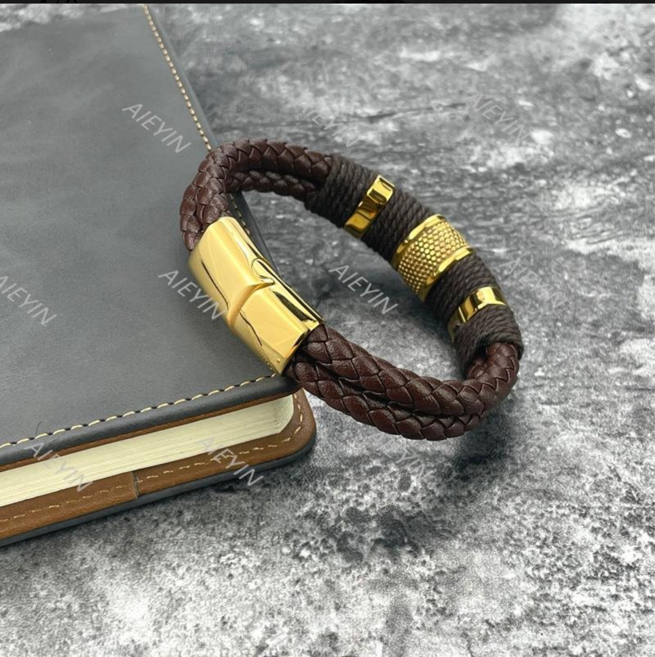 Pulsera Marrón Cuero Soga Trenzado Con Oro Hebilla Magnética