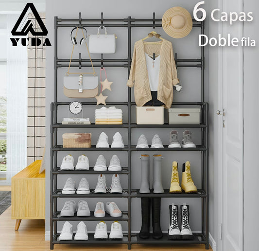 Zapatero Multifuncional de 2 Filas y 6 Capas con Perchero de Pie a Prueba de Polvo para Dormitorio y Almacenamiento