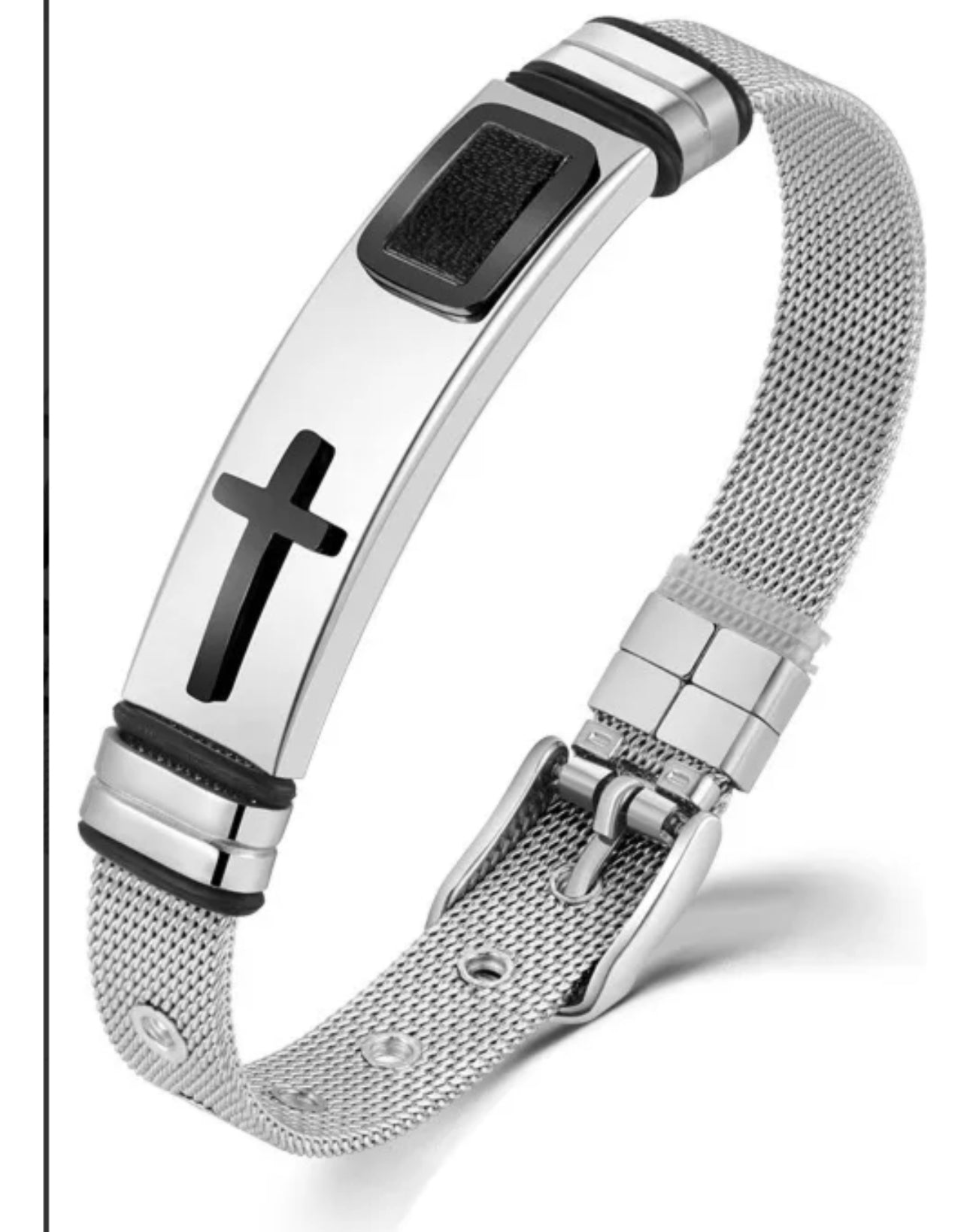 Pulsera Brazalete Acero Inoxidable Hombre Cruz Malla Inglesa