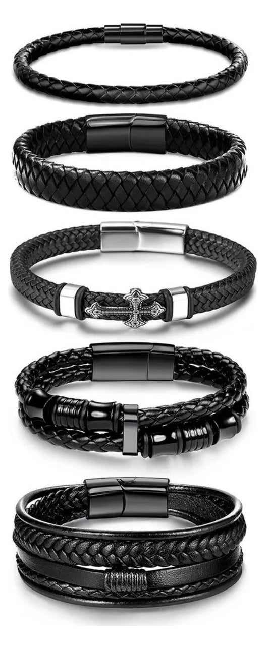5 Piezas Pulsera Para Hombre De Cuero Con Hebilla Magnética