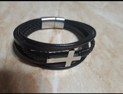 Pulsera Cuero De Cruz Acero Inox Con Magnética Para Hombre