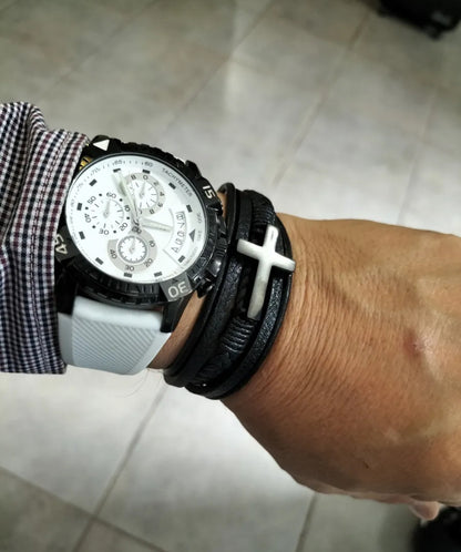 Pulsera Cuero De Cruz Acero Inox Con Magnética Para Hombre