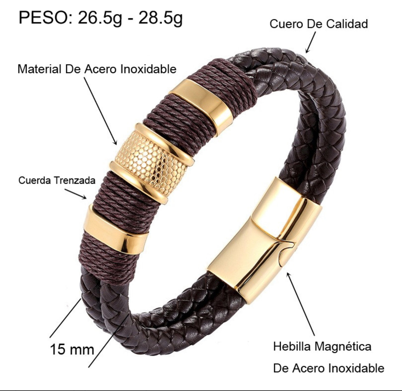 Pulsera Marrón Cuero Soga Trenzado Con Oro Hebilla Magnética