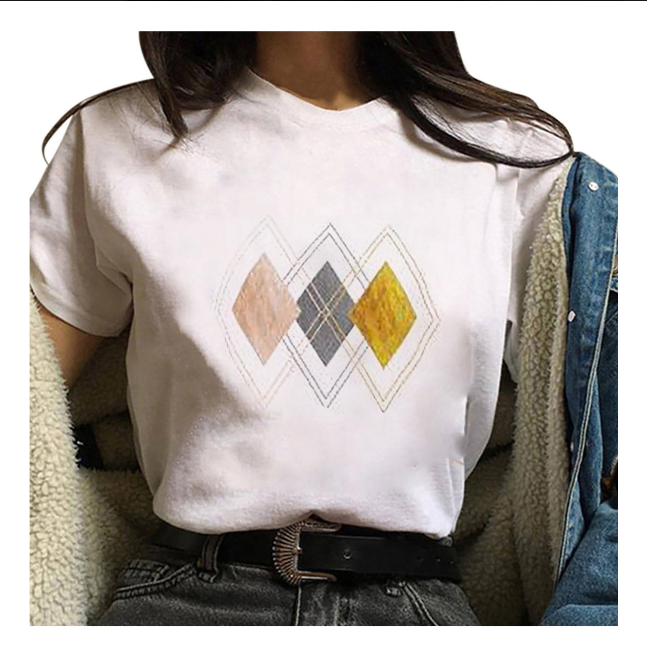 (🌎 PRODUCTO INTERNACIONAL) Camiseta Holgada Con Cuello Redondo Geométrico De Moda