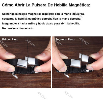 Pulsera Marrón Cuero Soga Trenzado Con Oro Hebilla Magnética