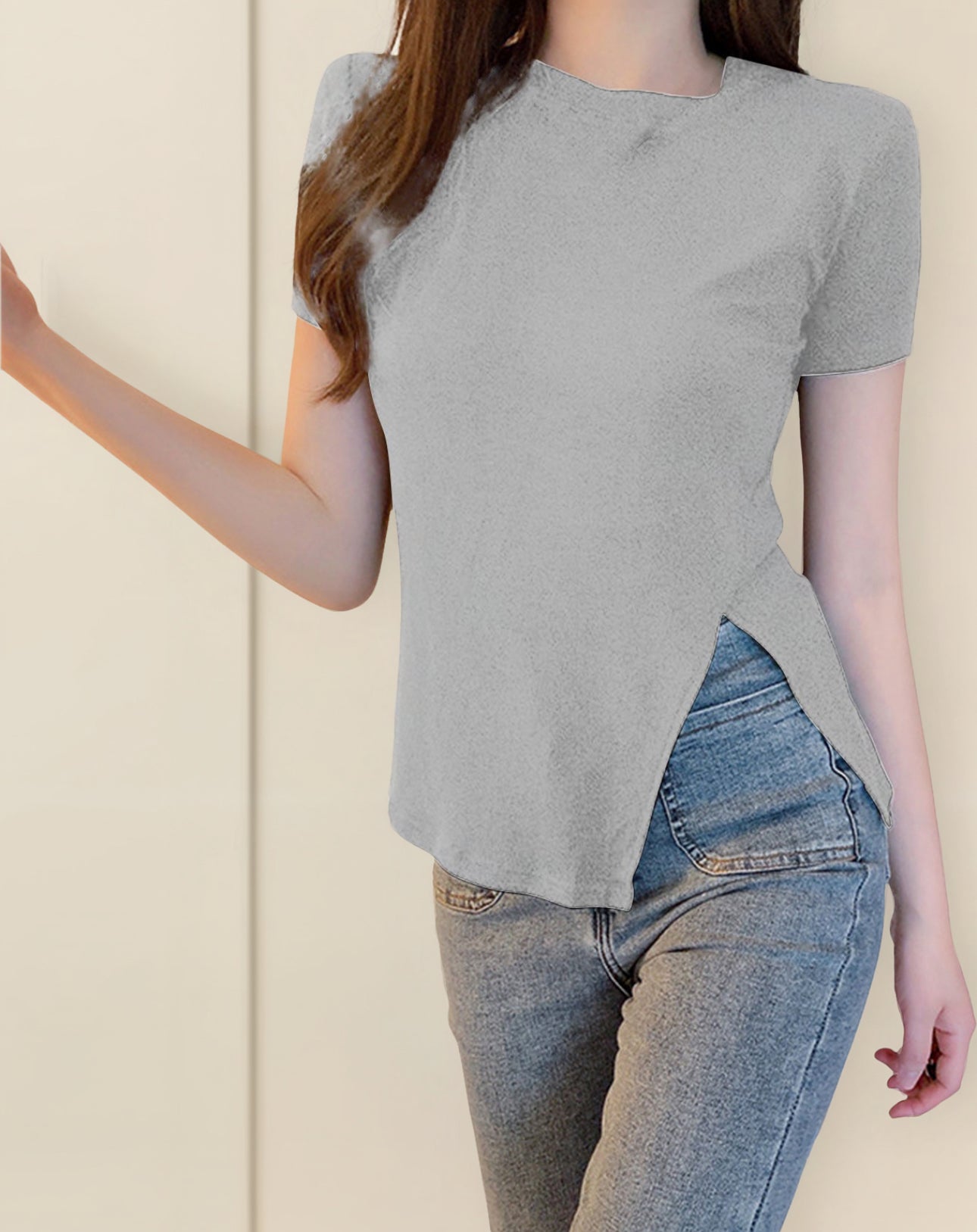 (🌎 PRODUCTO INTERNACIONAL) Una Nueva Camiseta Hugh Top Con Cuello Redondo Y Abertura La
