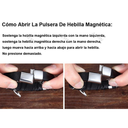 Pulsera Cuero Soga Trenzado Acero Inox Con Hebilla Magnética