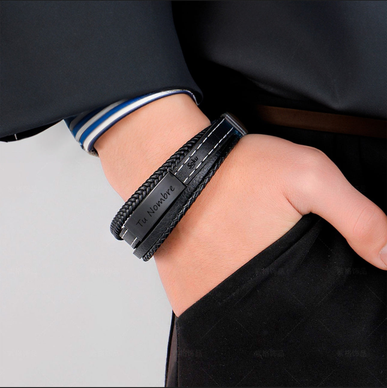 Soku Pulsera Personalizada Piel Acero Inoxidable Titanio Color Negro Diámetro 21 cm Largo 21 cm