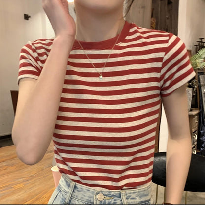 (🌎 PRODUCTO INTERNACIONAL)
 Blusa Casual De Manga Corta Con Cuello Redondo A Rayas Para