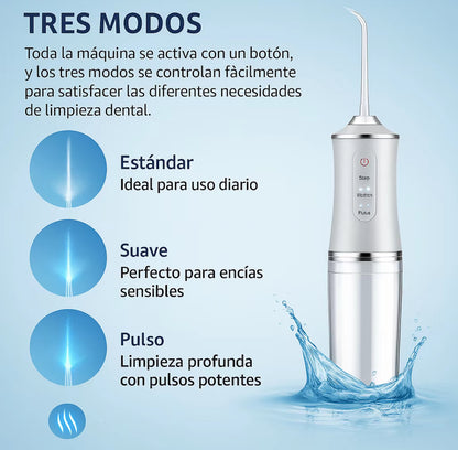 Irrigador bucal eléctrico inalámbrico, recargable e impermeable. Irrigador bucal portatil para la limpieza dental. Irrigador bucal inalámbrico con 3 modos y 4 puntas para viajes y uso doméstico.