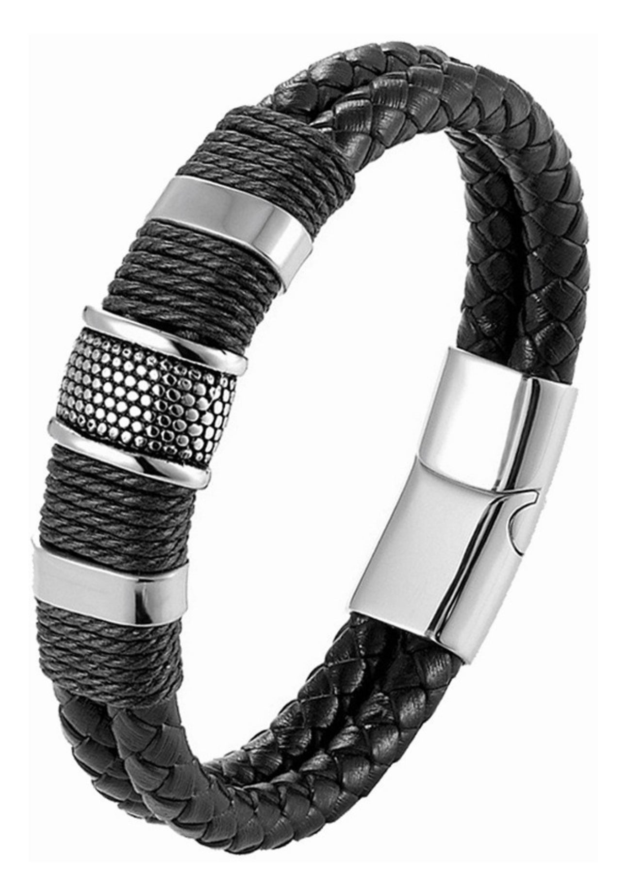 Pulsera Cuero Soga Trenzado Acero Inox Con Hebilla Magnética