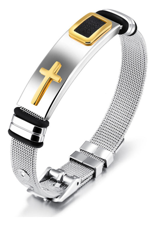 Pulsera Brazalete Acero Inoxidable Hombre Cruz Malla Inglesa
