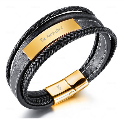 Soku Pulsera Personalizada Piel Acero Inoxidable Titanio Color Negro Diámetro 21 cm Largo 21 cm